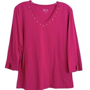 Denim & Co Size M Studded V Neck 3/4 Sleeve Stretch Top Cotton-Spandex